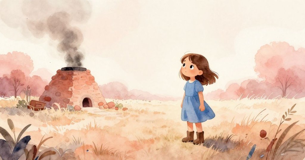 巴洛瑪站在綠色草地邊，準備搬起沉重土桶，背景中燃燒過後的窯丘冒出淡淡蒸氣，臉上流露出平靜期待。