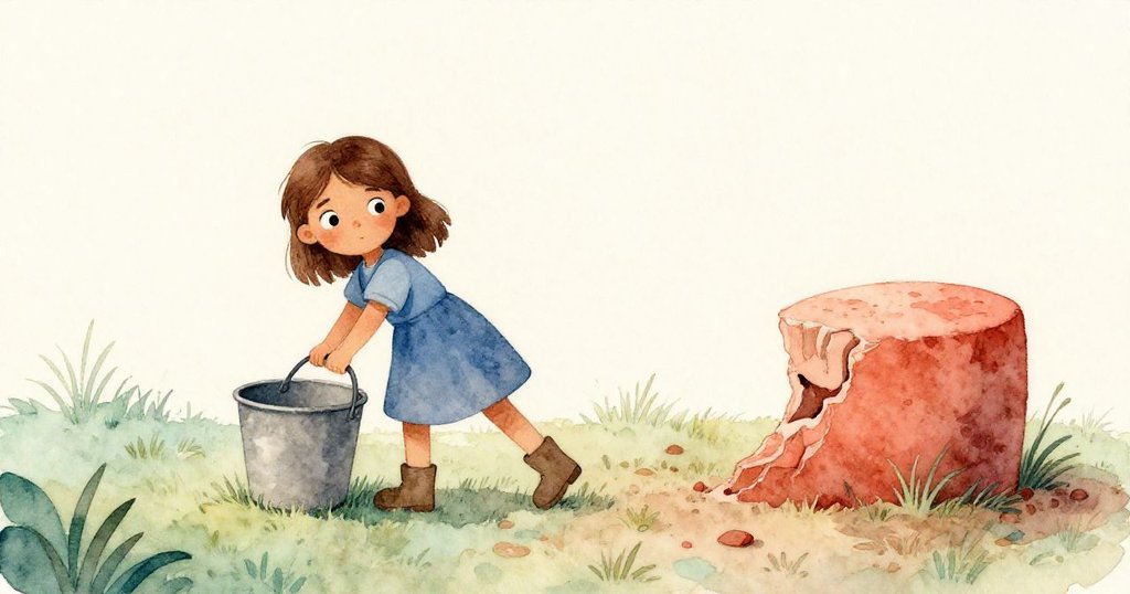 巴洛瑪用力拖動沉重土桶，旁邊放著變形彎曲的土塊，溫暖的光線照耀在柔軟的泥土與灰燼上，展現前行的決心。