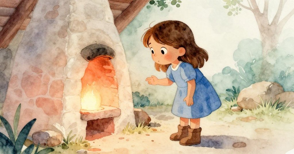 巴洛瑪靠近發光橙色裂縫，仔細觀察隱藏在窯丘邊的秘密空間，蒸氣輕輕上升，她的臉上映著好奇與謹慎。