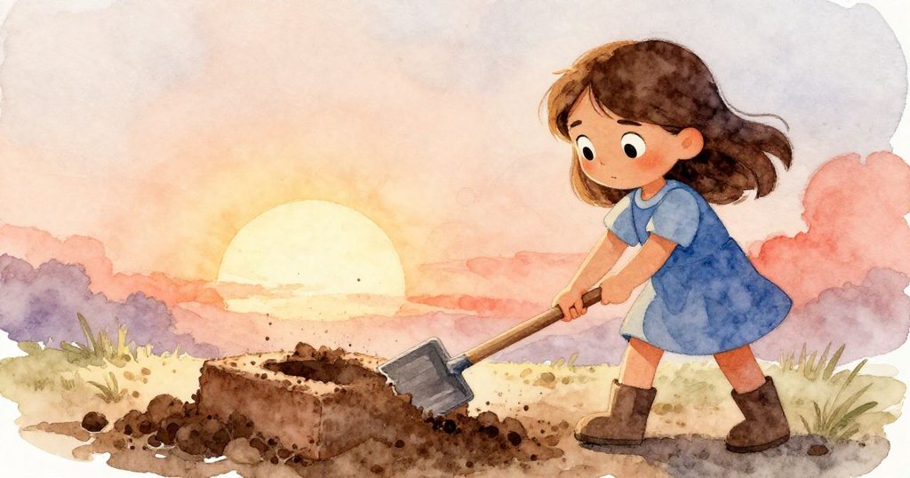 巴洛瑪將新鏟進的土壤填入變形土塊的凹槽中，臉上露出勝利與滿足，身邊土壤緊實穩固，夕陽餘暉映出溫暖光芒。