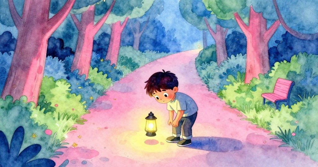 托比亞斯彎腰檢查鞋旁沙地上的腳印，燈光映襯出神秘路徑，背景顯露公園環境，情緒充滿好奇與期待。