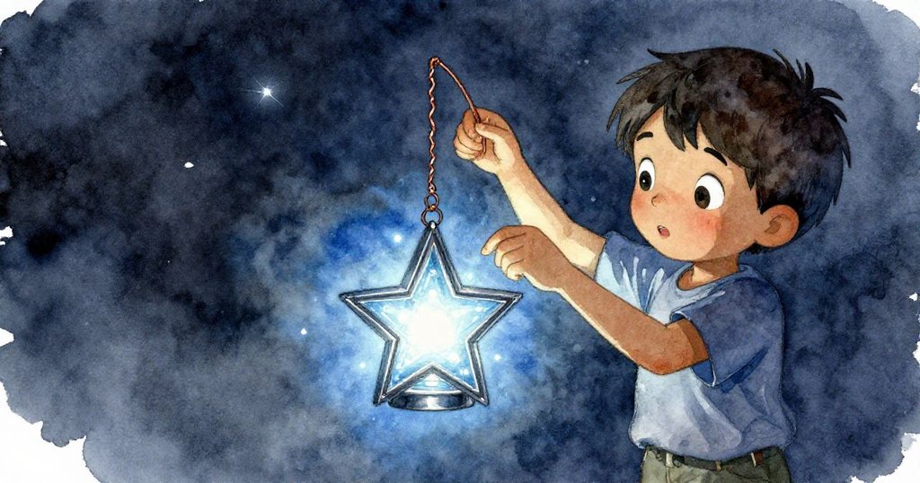 托比亞斯專注檢查星燈，手指輕觸下垂面板與扭曲銅線，LED微光映出堅韌與專注的神情，場景細節豐富。