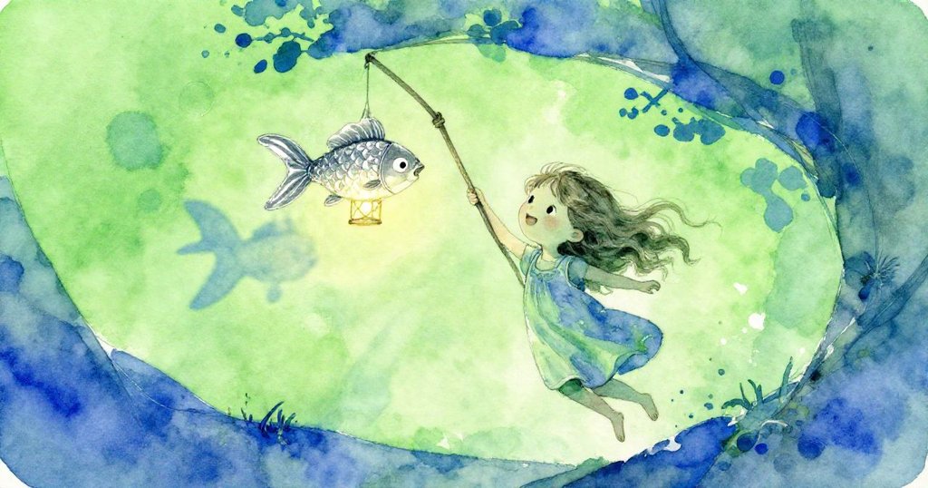 莉娜在公園轉角快樂搖動魚形燈籠，藍色影子隨動舞動，細緻展現轉換區域的神秘與童趣。