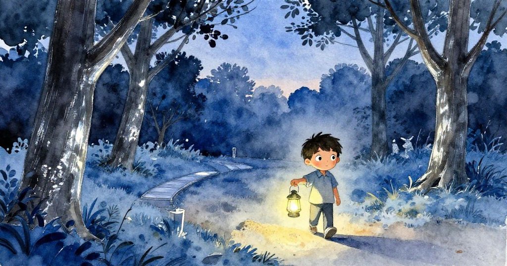 黃昏時，公園背景柔光映襯下托比亞斯手持溫柔燈籠走在舊道上，沙塵細節流露出時間推移的故事。