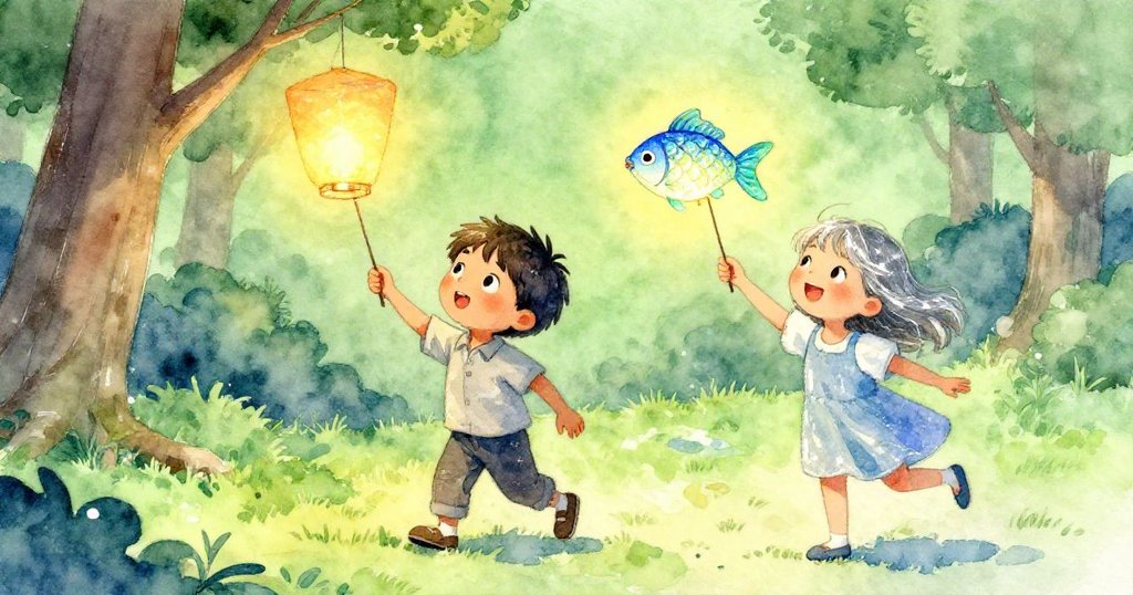 托比亞斯溫柔放下星燈，臉上流露複雜情感；莉娜揚著魚燈前行，公園小徑傳遞離別與新生希望。