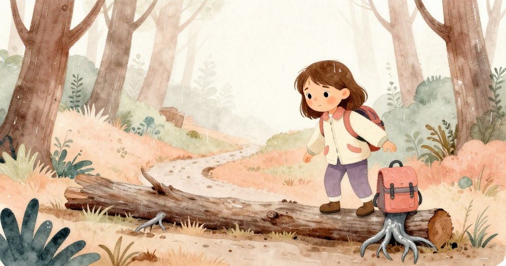 露娜站在雨中泥濘的小徑上,注視倒下的樹幹,背著小背包,神情充滿期待和決心。