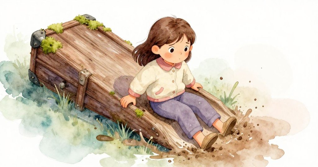 從高處俯視,露娜在雨後濕滑的樹幹上小心前行,泥土濺起顆顆雨滴,流露出堅韌與脆弱的情感。