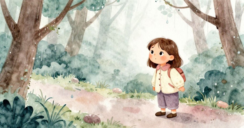 露娜靜靜站在濕潤的森林中,細看附著露珠的青苔和樹枝,雨滴在柔光下閃爍,她神情專注沉思。