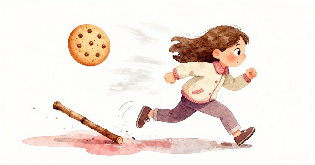 露娜急速追逐著被風吹起的餅乾,偶然碰到雅拉的拐杖,拐杖滾落發出鈴響,場面充滿活力與趣味。