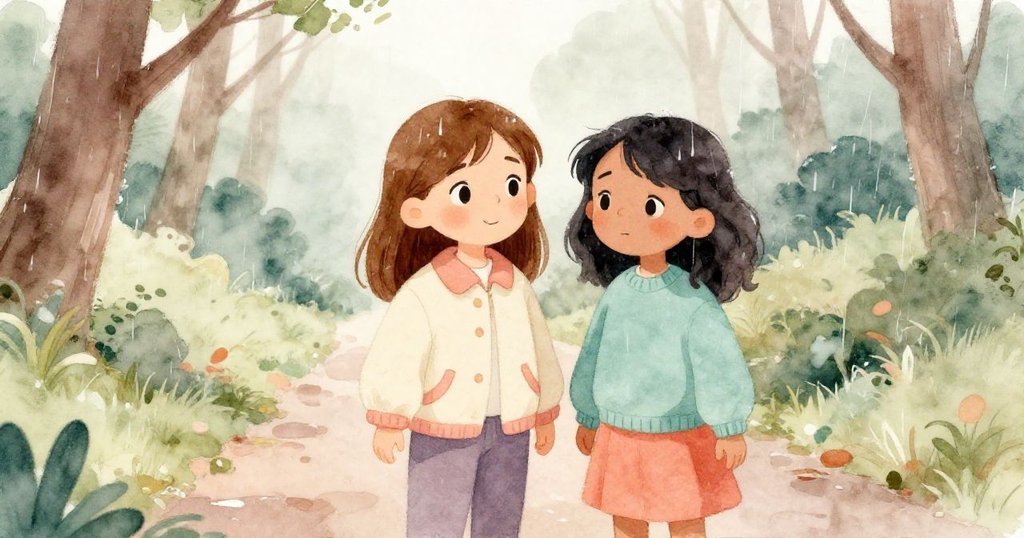 雨後,露娜與雅拉在森林小徑上重逢,彼此微笑鼓勵,雨勢漸止,環境漸趨平靜與希望。