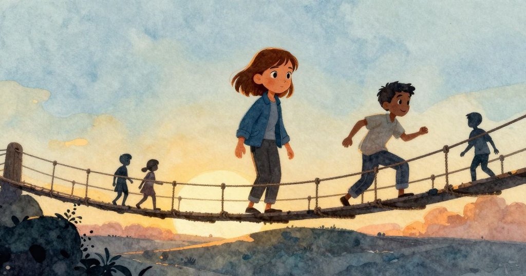 Lark與Vance在陽光映襯下站於繩橋兩端，遠處溪水綠意盎然，充滿期待與決心迎接冒險