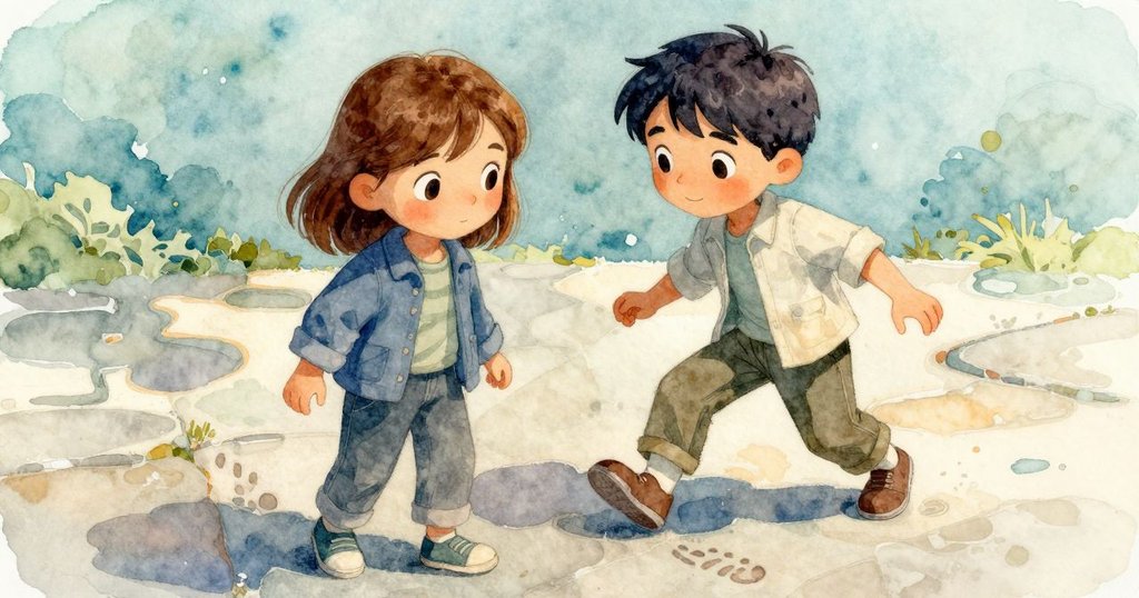 Lark的靴子踏在濕潤石板上，留下清晰腳印，展現冒險起點的細膩觸感與自然情境