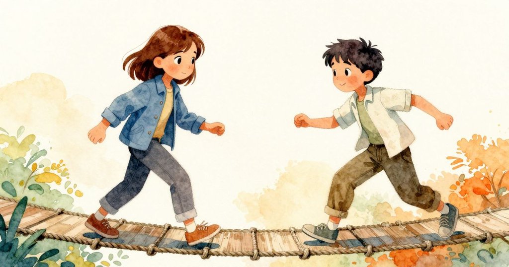 Lark與Vance在搖晃繩橋中段互相應步，各自邁著謹慎腳步，展露出對冒險的堅定與信心