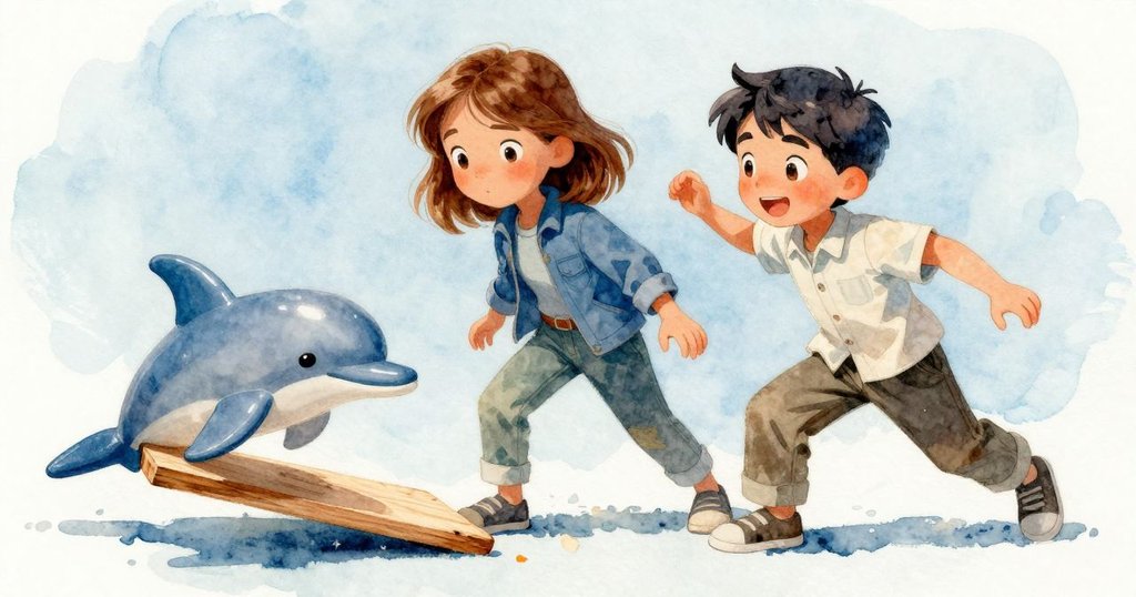 繩橋中段意外失衡，塑膠海豚卡住木板，Lark與Vance驚訝反應，營造出危急與瞬間混亂的氛圍