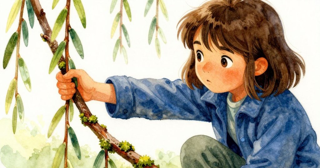 Lark發現並握住一根垂柳枝，近距離展現青苔覆蓋的扶手和她解決問題的機智與決心