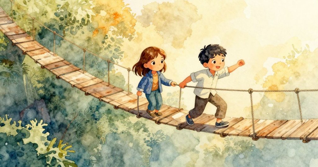 Vance與Lark攜手合作恢復繩橋平衡，最終安全抵達岸邊，展現出共同努力後的寧靜與成就感