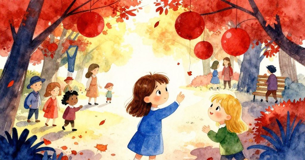 艾瑞斯輕觸喬伊的手肘，兩人漫步於落滿乾葉的秋日公園，紅色圓球在空中搖擺，場面熱鬧而溫暖。