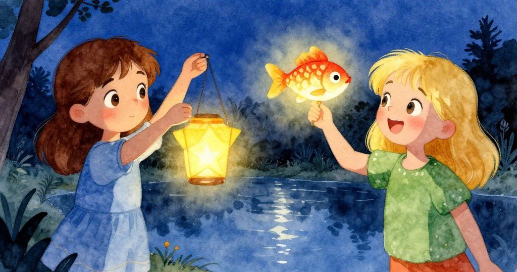 艾瑞斯專注調整星形燈籠，喬伊快樂舉著魚形燈籠，燈光在波光粼粼的池塘上閃爍，黃昏氛圍濃厚。