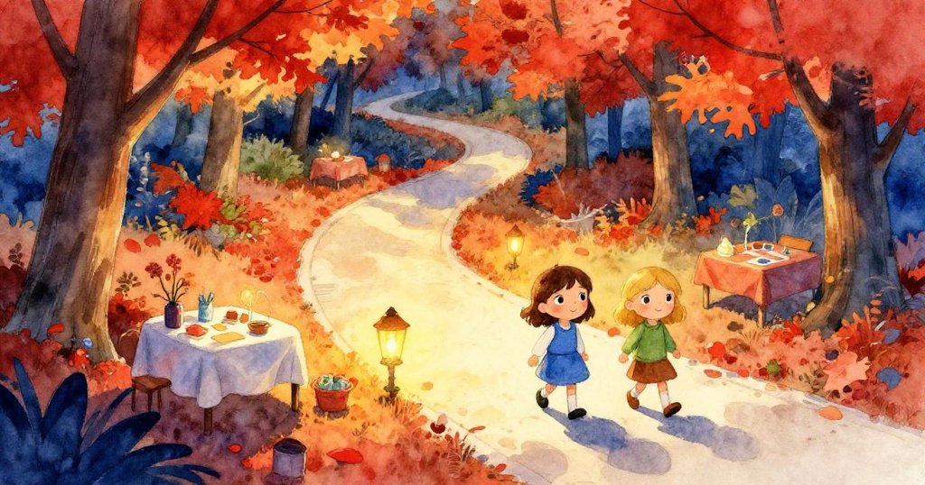 高視角展示秋日公園中蜿蜒小徑，燈光沿路延伸，艾瑞斯與喬伊逐步前行，落葉與工藝攤檔細節豐富而温暖。