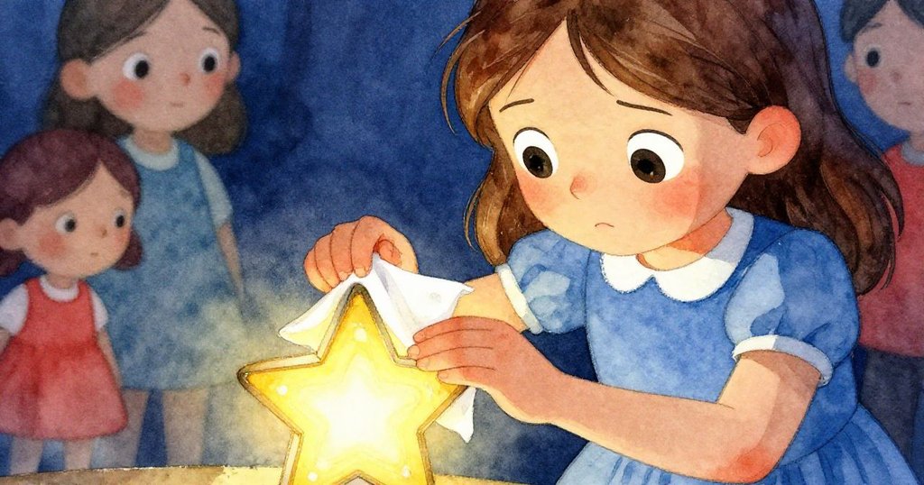 艾瑞斯專注用雙拇指按壓星形燈籠底部，細節展示紙巾夾著電池蓋的瞬間，她神情堅定，燈光微微顫抖。