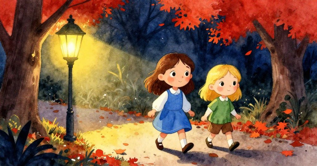 艾瑞斯與喬伊背影前行於燈光映照的小徑上，濕潤落葉與延展的燈光共同營造出夜晚的神秘冒險氣氛。