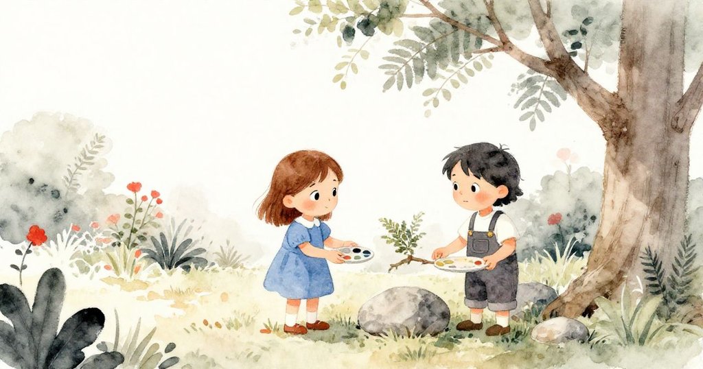 庭園中，June與Fern動作忙碌，June輕觸樹枝，Fern檢視石頭，陽光柔和，氛圍溫暖且充滿活力