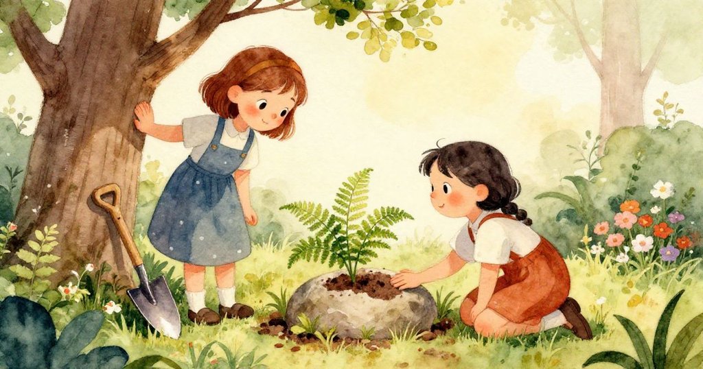 June的手輕觸粗糙樹枝，鏟子靜臥旁邊，光影交錯細節豐富，展現歲月痕跡與溫暖對比