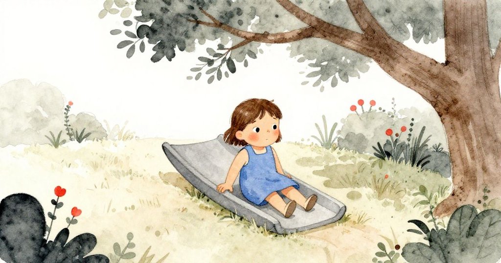 從June背後看，她專注地將刻有纖維質感的石板滑入樹枝下，背景呈現精心布置的庭園