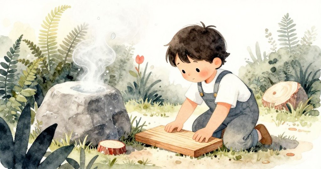 Fern在轉暖的陽光中調整新鋪石板與碎木，石面上升起微微蒸氣，環境充滿轉變的動態氣息