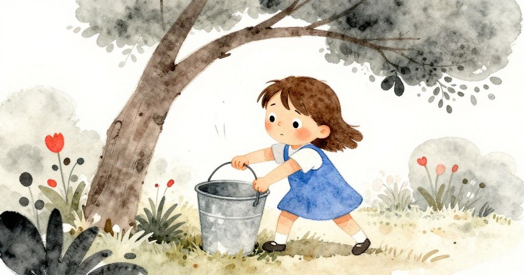 June在明亮光線下迅速將空桶插入樹枝下，神情專注而堅定，阻止杠桿回落，呈現動態緊張氛圍