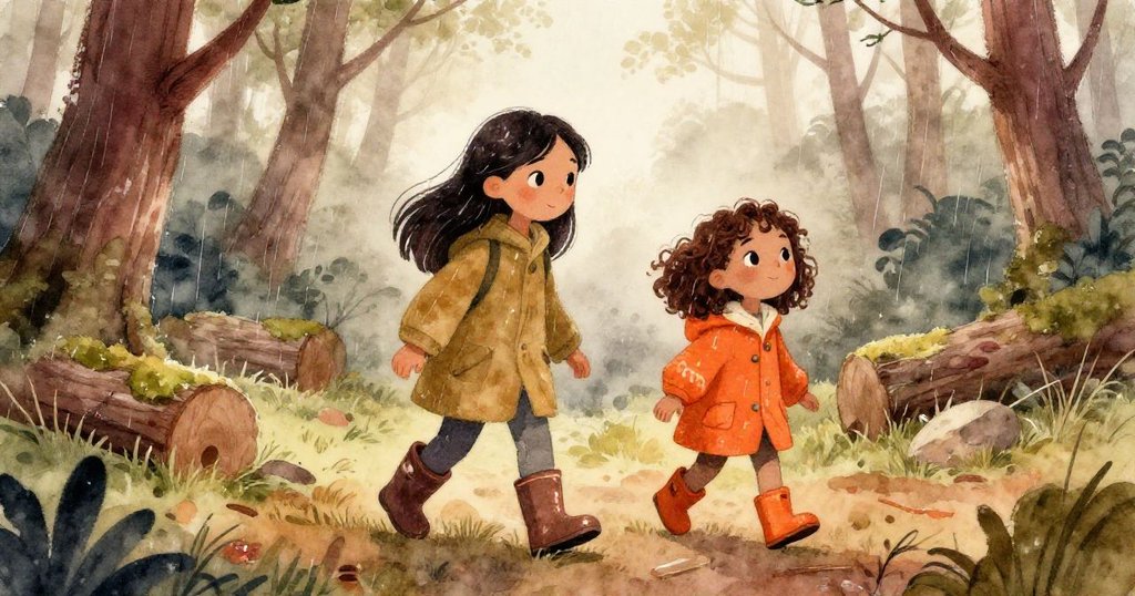 Lyra與Oona走進晨霧森林,觀察濕潤泥土與苔蘚,神情好奇踏上冒險旅程,周圍枯枝與雨滴交織