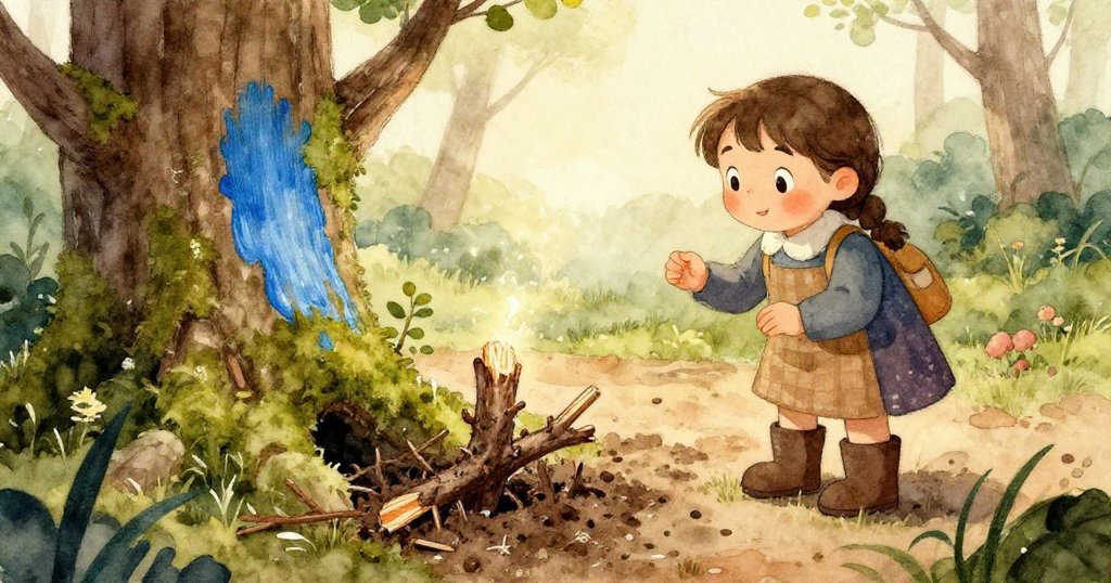 低角度視角顯示Lyra的手摸索樹皮上樹脂與藍色痕跡,苔蘚與雨滴細緻展現,充滿探索感