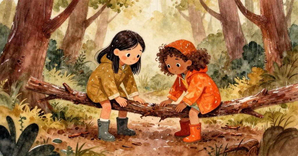 從高處觀察,Lyra平衡樹枝支撐樹幹,Oona協助穩固,周圍枯枝與淺水映出團隊合作的情景