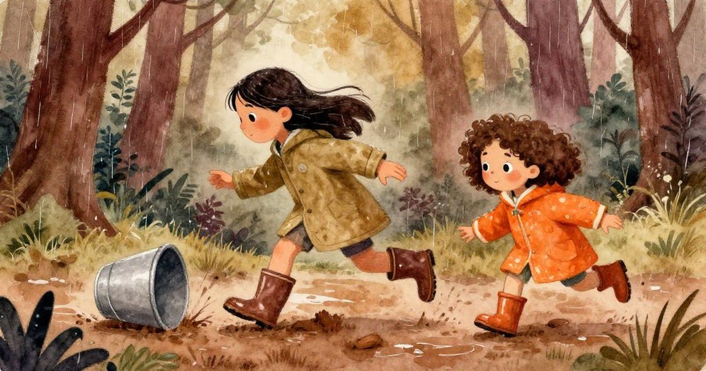 緊張時刻中,Lyra急奔泥濘中救起傾倒的水桶,Oona焦急旁觀,雨滴激起水花,情感急迫