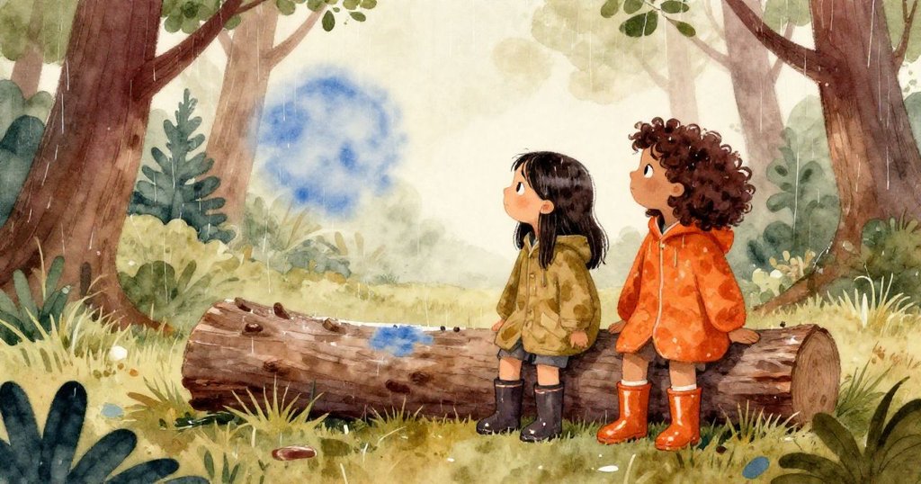 雨後寧靜中,Lyra與Oona並肩凝望模糊藍痕,神情滿足安寧,森林中柔和雨意營造寧靜氛圍