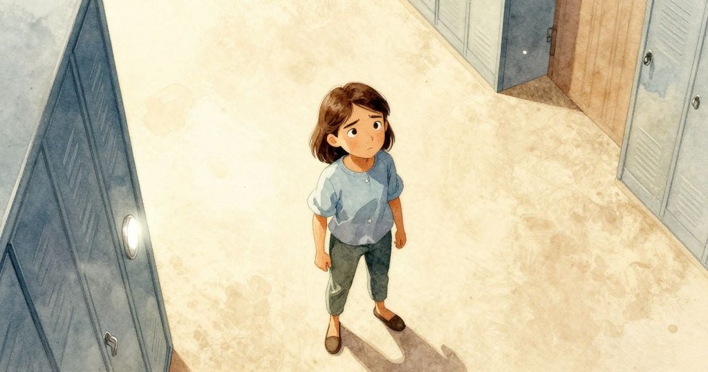 Greta走在長走廊上前往供應櫃，天花板燈發出微光，地板光亮，展現故事開始情境