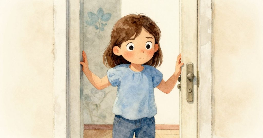 Greta面對不動的滑門，神情中流露擔憂與堅定，藍灰色陰影突顯情感變化