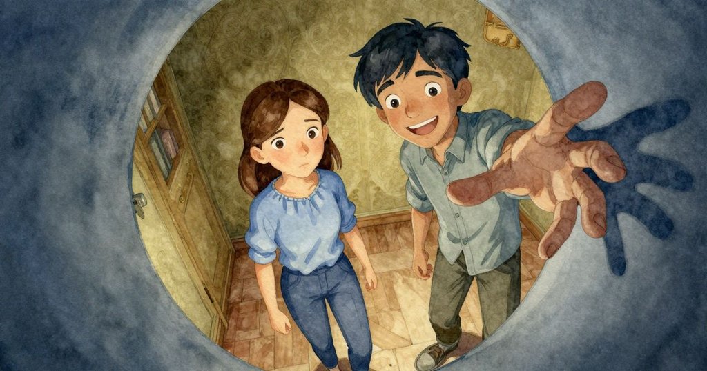 透過扭曲視角，Greta的手伸向滑門縫隙，藍灰陰影中隱現的紙束暗示挑戰情境