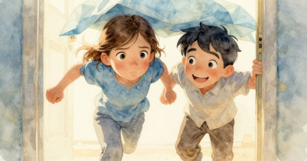 透過半透明門板下方觀察，淡藍紙束沐浴在柔和光芒中，呈現夢幻室內情境