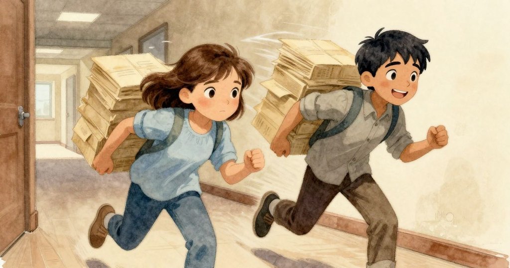 Greta與Orson急速奔向影印機區，動態軌跡展示急行步伐，紙束飛揚，走廊充滿活力