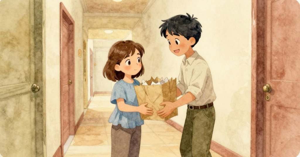 Greta與Orson在走廊中團聚，關上滑門後紙束整齊陳列，兩人面帶輕鬆滿足的笑容，象徵合作成功