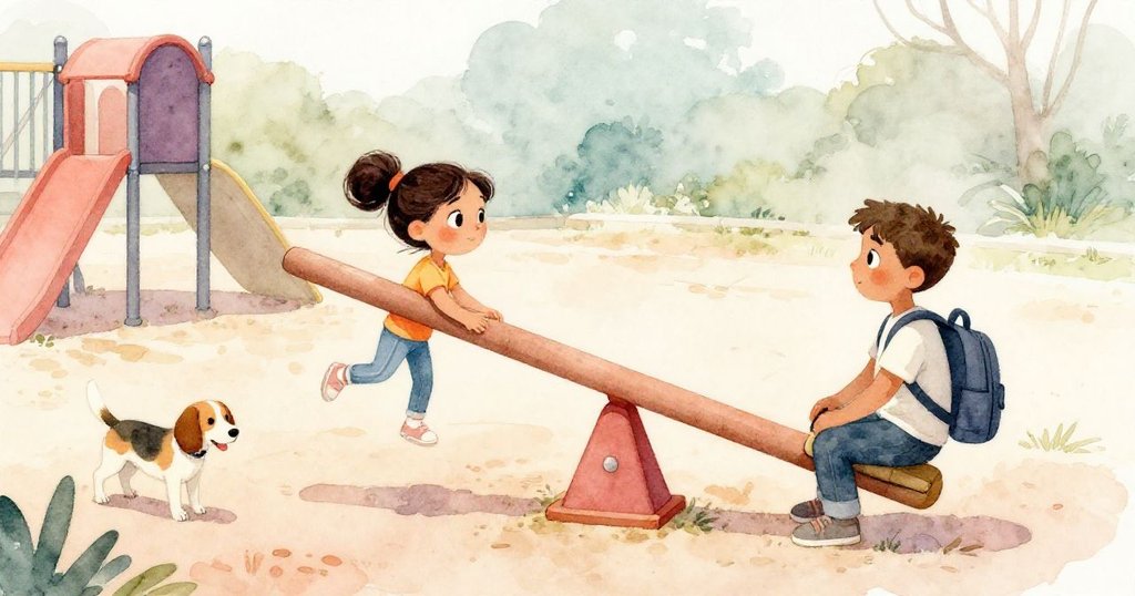 Luna握著空搖搖板手柄,Idris用力推著對面,搖搖板在溫暖陽光下輕微傾斜,流浪狗好奇旁觀。