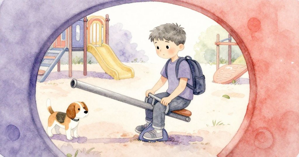 透過牆角窺視,見到Idris調整搖搖板重心,流浪狗好奇傾頭,背景隱約露出溫暖遊樂場。