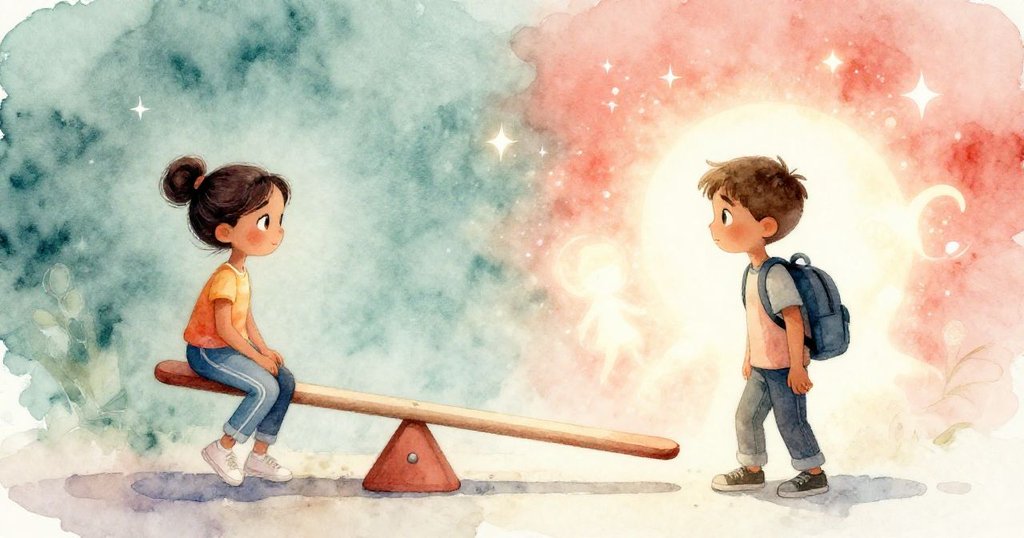 現實與奇幻分列,Luna與Idris在搖搖板上調整重心,旁邊飄浮著魔法般的光芒與夢幻軌跡。