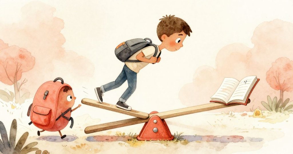 Idris靠向搖搖板中央,背包滑動牽動筆記本,細小連鎖反應展現發現與平衡瞬間。