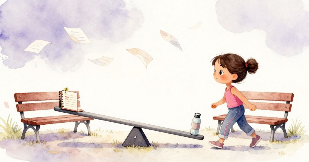 Luna離開搖搖板走向長椅,筆記本與水壺靜置,微風輕舞紙頁,意境平和中帶著新開始的希望。