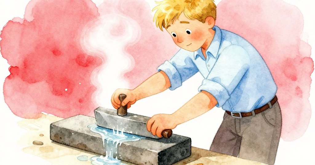 德雷克專注操作剪刀與石磨，手執小勺注水，蒸氣袅袅升起，神情專注，展現技藝的開始。