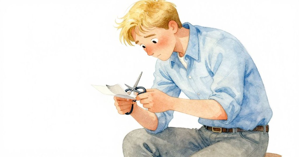 德雷克低角度仔細檢查剪刀上閃爍的微裂，用報紙測試，面露擔憂和決心，營造出緊張氣氛。