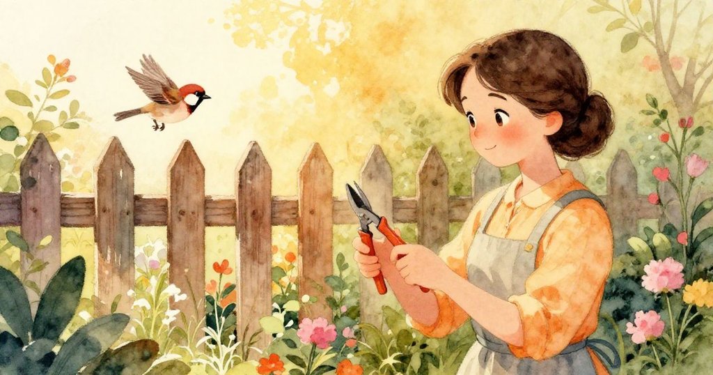 維拉在庭院中檢查剪枝器，背景中麻雀振翅飛舞，古老木凳與庭園呈現溫暖季節風情。