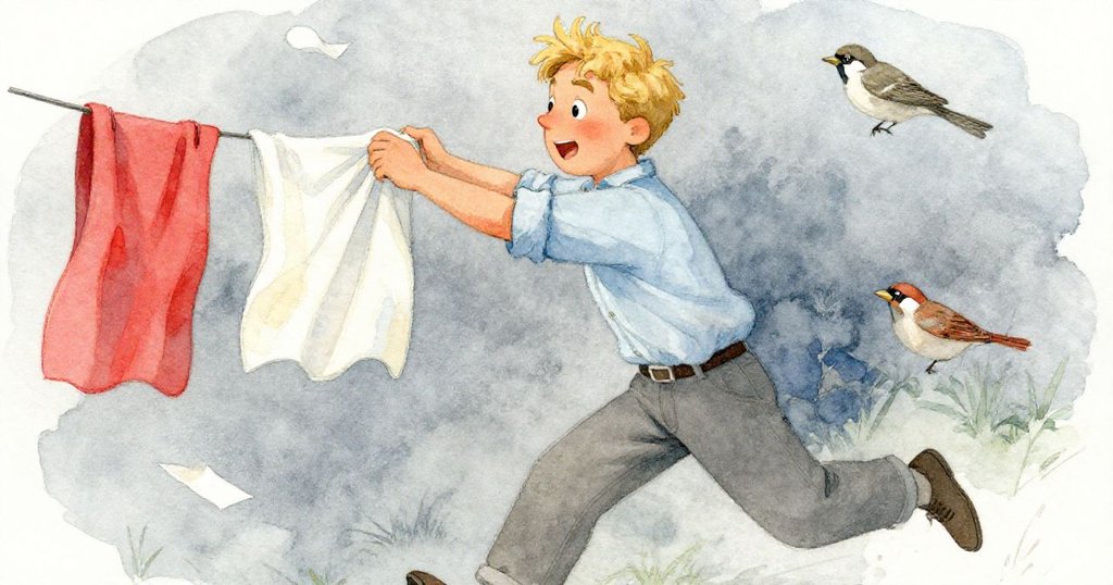 德雷克急速奔向水桶取濕布，背景中飛舞的報紙和麻雀襯托出緊迫感，動作充滿活力與專注。